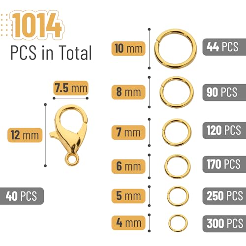 Mr. Pen- Open Jump Rings and Lobster Clasps, 1014 pcs, 6 Sizes, Gold, Open Jump Rings and Clasps for Jewelry Making