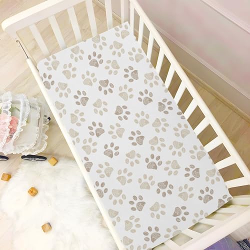 Image of Fitted Crib Sheets Dog Puppy Footprints Stretchy Portable Playard Sheets for Baby Toddler, Breathable Soft Mini Crib Mattress 39 x 27 in for Boys and Girls