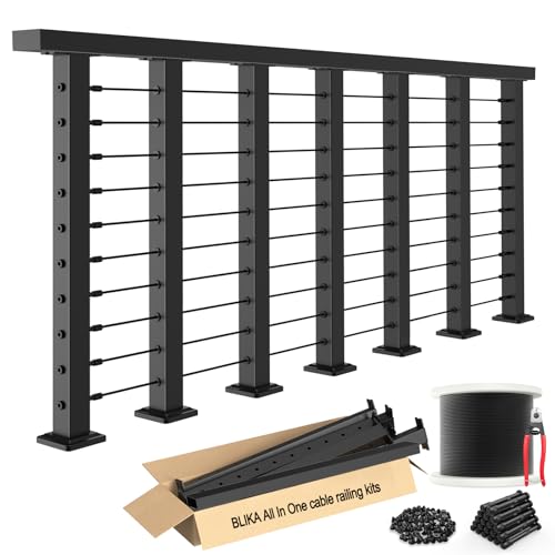 BLIKA 13-196 Complete Set 36 Cable Railing Post Kits Surface Mount Deck Cable Railing System with Handrail & Swageless Tensioner Pre-Drilled Black Stainless Steel Cable Railing Posts