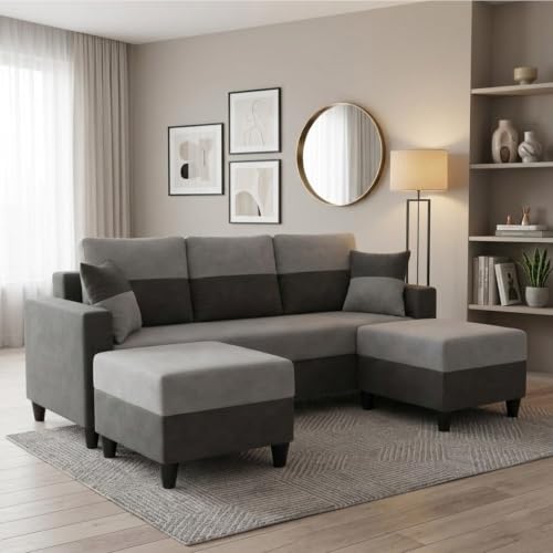 Image of Cavo 5 Seater L Shape Sofa Set with 2 Movable Ottomans | Flexible Layout | Luxury Velvet Suede Fabric | Modern Living Room Sofa | Dark Grey-Light Grey
