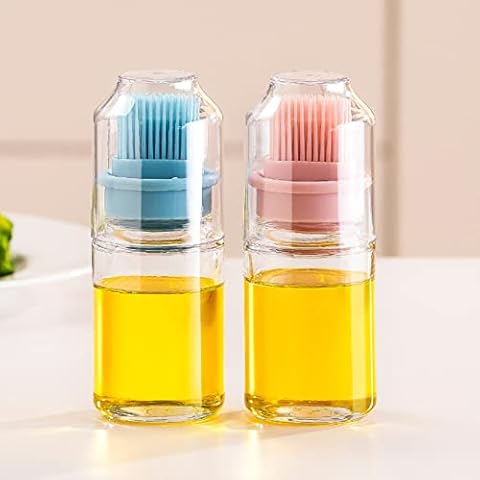 RoseFlower 2 Stück Ölflasche mit Bastbürste, Ölflasche Silikonölbürsten, Ölflasche mit Silikon Pinsel Cover