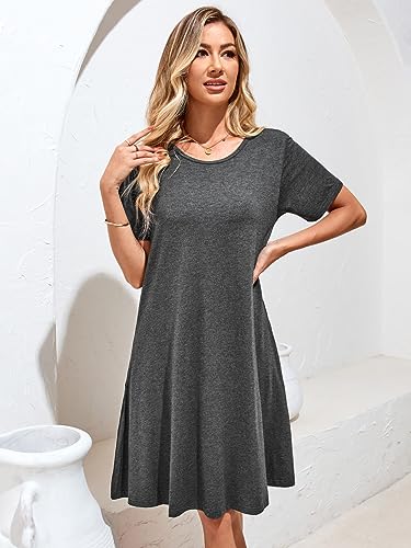 Image of Women's Summer Dresses 2026 Casual T Shirt Dress Short Sleeve Loose Flowy Sundress Swing Tunic Dress with Pockets Dark Grey