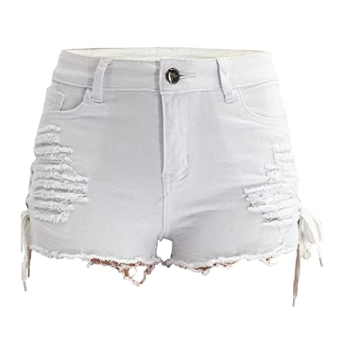 JEKE-DG Women's High Waist Perfect Butt-Lifting Denim Short Drawstring Slit Denim Short Destroyed Hole Fringed Shorts (X-Large,White)