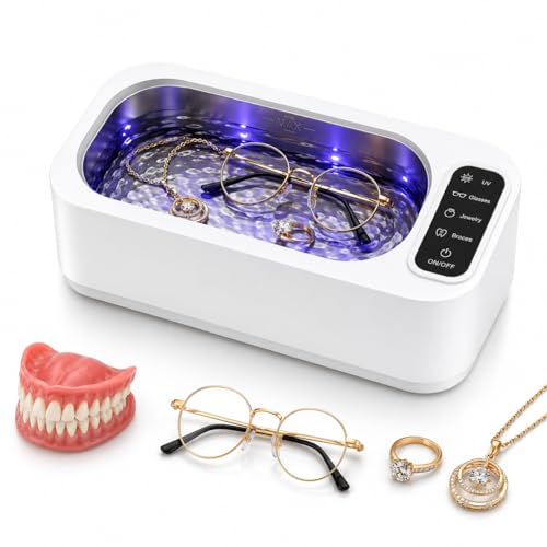 WERUSUT Ultrasonic Jewellery Cleaner with UV Light 350ml 48kHz Sonic Cleaner with LED Display & 4 Modes for Jewellery Glasses Retainers Dentures Rings and Watches