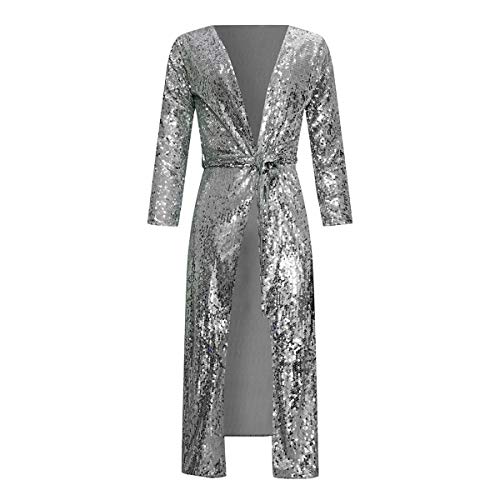 Womens Spring Fall Sequins Open Front Cover Ups Overcoat Long Sleeve Slim Belted Cardigan Coat Windbreaker Jacket Party Club Dress Silver S #TOP4