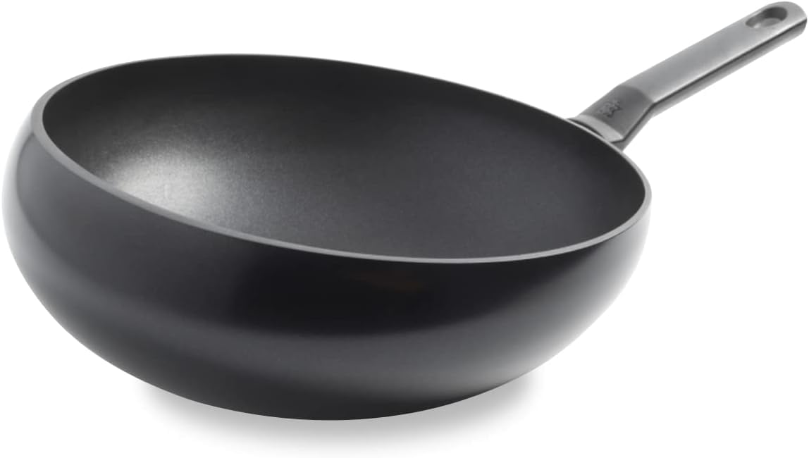 Wok en céramique sain 30 cm poignée inox passe four barbecue sans PFAS noir professionnel durable