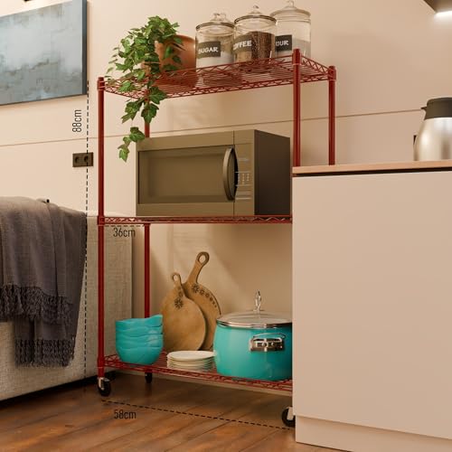 Image of 3-Shelves Wheels Heavy Duty Steel Storage Rack | Multipurpose Shelving Unit for Kitchen, Home & Utility | Red, 3 Shelves Wheels