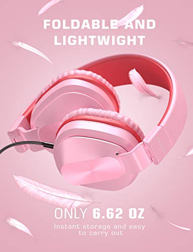 PeohZarr On-Ear Headphones with Microphone, Lightweight Folding Stereo Bass Headphones with 1.5M Tangle Free Cord, Portable Wired Headphones for Smartphone Tablet Laptop Computer MP3/4-Pink