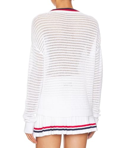 Image of Women's Crochet Cardigan Sweater Color Blocking Hollow Out Long Sleeve Button Down Loose Fit Cardigan White