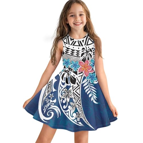 Hdjxbdhsv Hawaiian Hibiscus and Art Polynesian Tattoo Girl's Dresses Casual Loose Tank Party Dress Midi Swing Samoan Dresses Shift Dress for 3-16 Years Old Kids