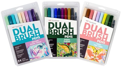 Tombow: Dual Brush Pen 3 Pack Set- Mermaids Fairies & Dragons - 30 Piece - Includes Blender Pens - Water Based Art Marker with Self-Cleaning Tip