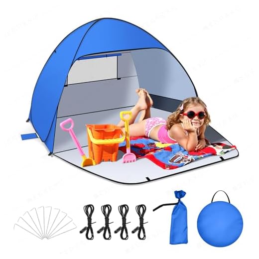Jsdoin Tente de Plage Pop Up pour,Système Pop-Up,Haute Protection Solaire FPS 50+, Abri de Plage Anti UV, avec Sac de Transport et Piquets (L (2 à 3) Personnes- Bleu)