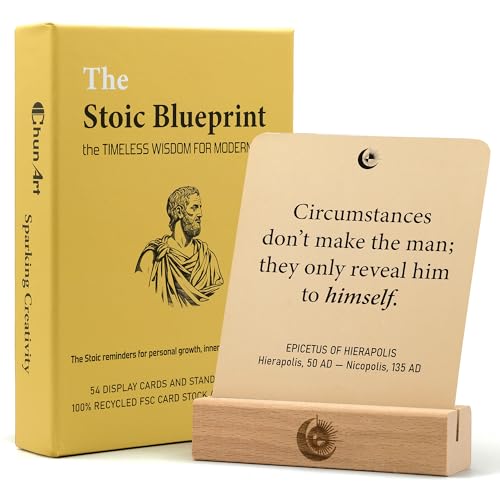 Image of The Stoic Blueprint - 54 Daily Stoic Motivational Cards with Display Stand and Journal Prompts - Personal Growth & Mindfulness Gift for Men and Women - Inspirational Quotes for Desk, Office, or Home Decor