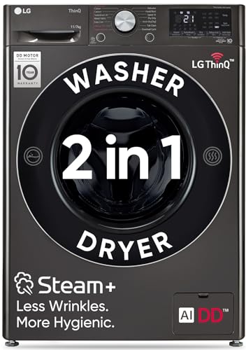Image of LG 11 Kg (Wash) / 7 Kg (Dry), AI Direct Drive Technology, Steam+ & Wi-Fi Front Load Fully Automatic Washer Dryer (FHD1107STB, Intelligent & Convenient Fabric Care, Wrinkle Care, Black Steel)