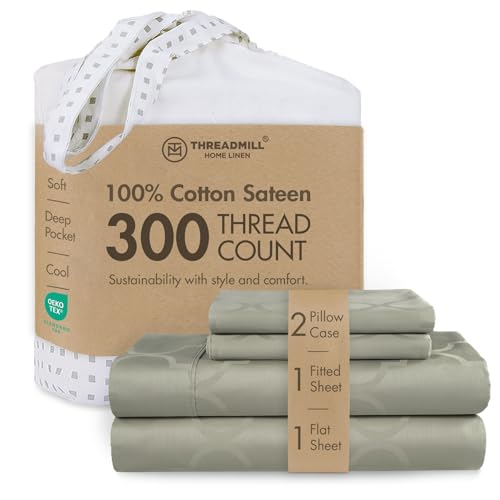 Image of Threadmill 300 Thread Count Cotton Full Sheet Set, Sateen, Damask, Sage | 100% Cotton, Sateen Weave, Damask Pattern, 4-Piece Set, 16 inch Deep Pocket, Cooling, Fade-Resistant, OEKO-TEX Certified