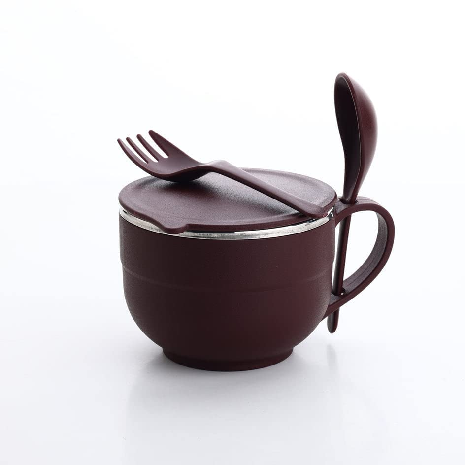 Rengvo Stainless Steel Noodle Bowl with Lid, Spoon, Airtight Leak Proof Noodles & Soup Bowl with Lids Bowl for Pasta, Soup, Rice, Maggie Food Container 500ml (Maroon)