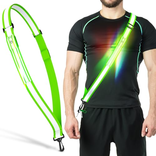 LED Reflective Belt Sash, High Visibility Safety Rechargeable Running Gear for Men, Women & Night Dog Walking (Colorful lights)