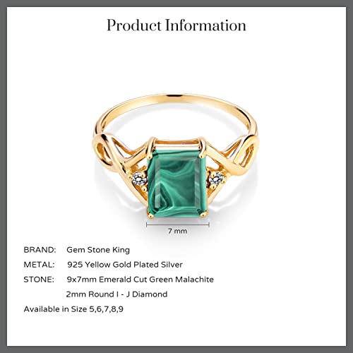 Gem Stone King 3.57 Cttw Green Malachite and White Diamond 18K Yellow Gold Plated Silver Ring for Women | Gemstone Birthstone | 9X7MM Emerald Cut | Available In Size 5, 6, 7, 8, 9 5