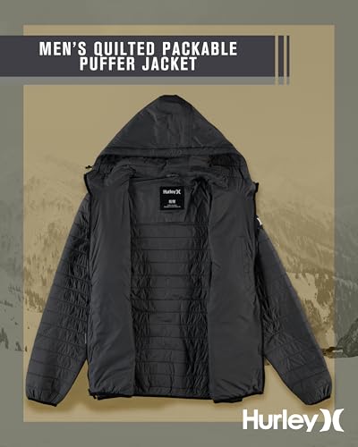 Image of Hurley Mens Puffer Jacket - Lightweight Packable Insulated Winter Coat for Men - Weather Resistant Quilted Outdoor Jacket