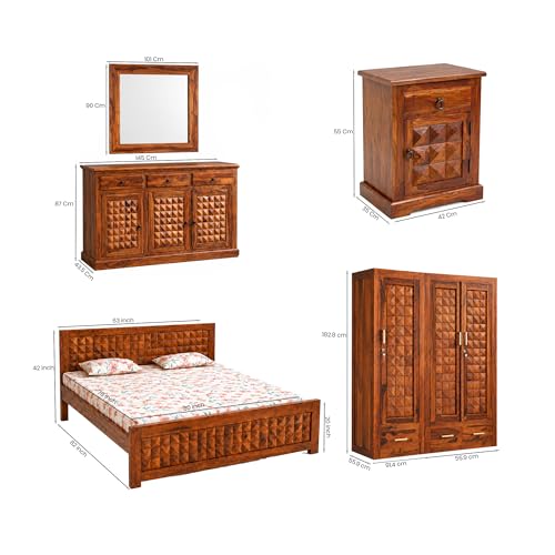 Image of SONA ART & CRAFTS Diamond Solid Sheesham Wood Bedroom Set | Queen Size Bed Without Storage, Wardrobe, Cabinet with Mirror & Two Bedside Tables - Natural Finish (Assembly Included)