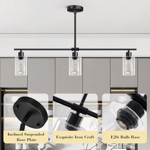 Yarlkav Kitchen Island Lighting, 3 Lights Linear Chandeliers Rectangle Pendant Light Fixtures for Dining Room Farmhouse Hanging Light with Glass Shades(Black) by Yarlkav - Used condition - Image 6