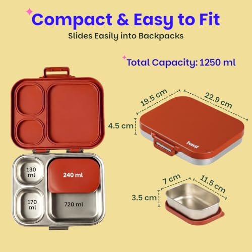 Image of Basil Bento Box Quad Plus - 4 Compartment Stainless Steel Lunch Box (1020ml) with BPA-Free Lid | Leak-Proof Tiffin for Kids & Adults | Premium Lunch Box for School, Office & Picnic - Desi Mitti