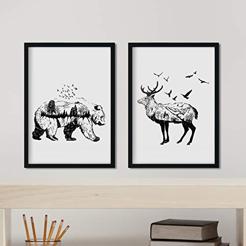 Nacnic Set de Dos láminas Estilo nórdico para enmarcar. Compuesto por lámina Oso y lámina Ciervo. Blanco y Negro. Tamaño A4. Papel 250 gr y tintas