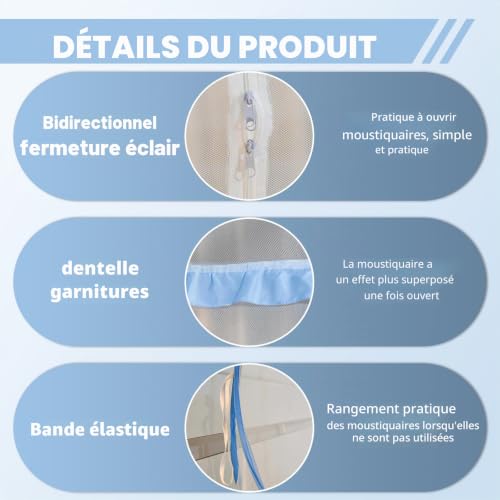 Moustiquaire pour lit double 200x180 bleu ciel à maille fine protectrice