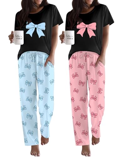 Image of Ekouaer 2 Pack Pajamas for Women Set Short Sleeve Sleepwear Top and Pants Pjs Soft Printed Lounge Sets with Pockets