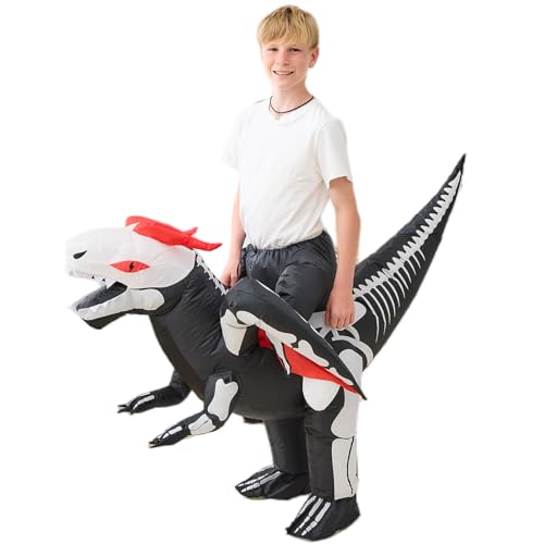 Aiwendish Halloween Skeleton Riding Inflatable Dinosaur Costume for 8 10 12 Kids Dragon Cosplay Blow Up Ride on T-Rex