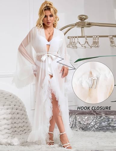 ohyeah Plus Size Lingerie Tulle Robe Lace Sheer Fancy Robe for Women Long Bridal Lingerie Wedding Scarf Nightgown2
