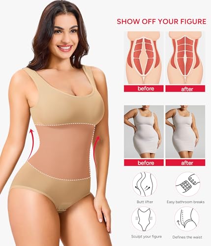 Nebility Women Waist Trainer Bodysuit Slim Full Body Shapewear Seamless Round Neck Jumpsuits Tummy Control Tops (XS/S, Beige)