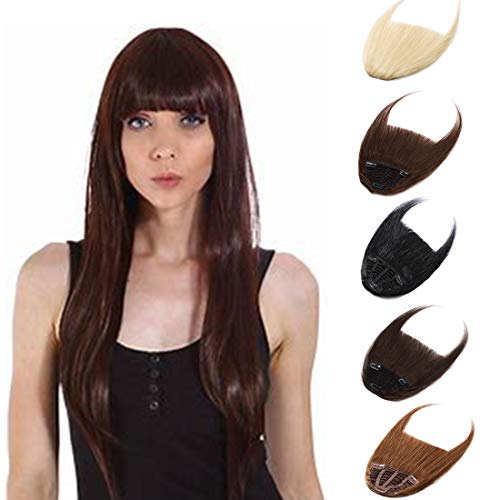 Clip in on Bangs One Piece Fringe 100% Remy Human Hair Extensions Hairpiece Full Front Neat Fringe Hand Tied Thick Straight Bangs with Temples for Women 21g(0.88 oz) Medium Brown
