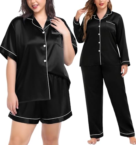 Image of SWOMOG Women Plus Size Pajama Set 4pcs Silk Satin Sleepwear Button Down Pjs Cami Shorts Set Loose Loungewear 16W-26W