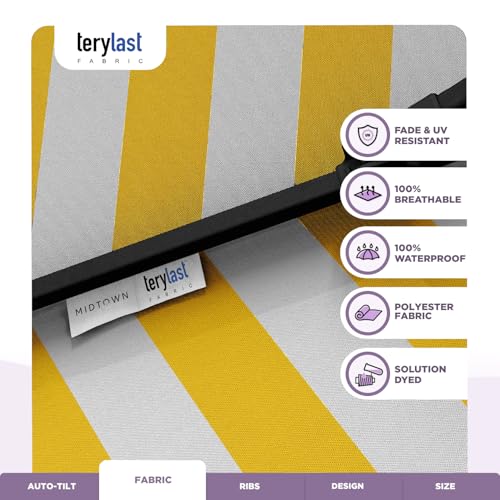 Image of Midtown Umbrellas - 10-Year-No-Fade 6 Ft Patio Umbrella with Terylast Fabric, Auto-Tilt Aluminum Frame and 8 Reinforced Ribs for Deck, Pool, Garden & Beach - Sunny Stripes Canopy, Black Pole