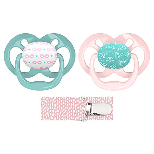 Image of Dr. Brown’s Advantage 100% Silicone Baby Paci Symmetrical Soother, 6-18m, BPA free, Pink, 2 Pack + Clip