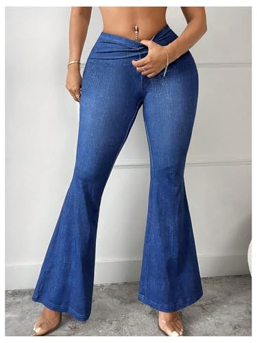Women's Plus Size Skinny Flare Pants High Waisted Denim Print Bell Bottoms Long Trousers3
