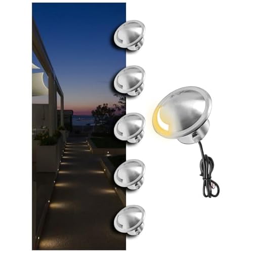 Low Voltage Deck Light 6-Pack, 1W 80 Lumens Landscape Lighting, φ35 mm Recessed LED Outdoor Step Stair Lights, Full 304 Stainless Steel Deck Lighting Wired for Outside Yard (SG07, 6-Pack 270