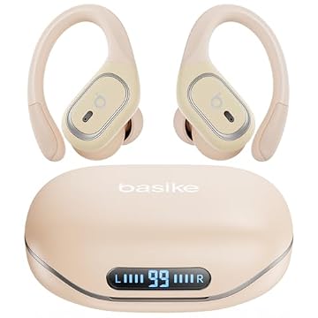Basike Fone de Ouvido Bluetooth Esportivo TWS 6.0, Som Hi-Fi Estéreo, Intra-Auricular, IPX5 à Prova d’Água, 3 Tamanhos de Pontas para Atividades ao Ar Livre – Bege Claro