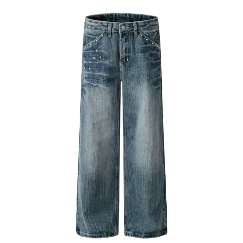 Jeans Pants Trousers Denim Street Trendy Retro Washed Blue Grinding White Commuter Loose Straight Men