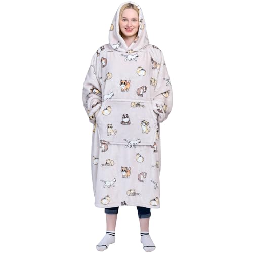 Image of Waitu Wearable Blanket Sweatshirt Gifts for Women and Men, Warm and Cozy Giant Blanket Hoodie, Thick Flannel Blanket with Sleeves and Giant Pocket - Cat Gray