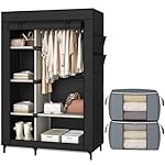 Calmootey Portable Closet, Wardrobe with 6 Shelves and Hanging Rod, Storage Organizer for Bedroom, Non-Woven Fabric Cover with 4 Side Pockets, Includes 2 Storage Bags for Clothes, Black