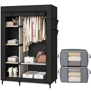 Calmootey Portable Closet, Wardrobe with 6 Shelves and Hanging Rod, Storage Organizer for Bedroom, Non-Woven Fabric Cover with 4 Side Pockets, Includes 2 Storage Bags for Clothes, Black
