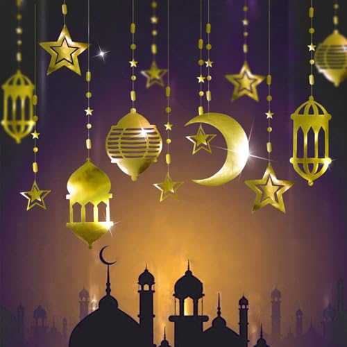 16 Stück Glänzende goldene Stern-Mond-Laterne, Ramadan-Girlande, EID-Dekoration, Zuhause, Happy Ramadan, Mubarak, Party-Banner, hängende Luftschlangen, Hintergrund für Aladdin, ägyptischer Aladdin,