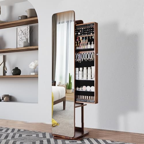 Full-Length HD Mirror Jewelry Cabinet with Sliding Storage Armoire, 360° Swivel, Rear Coat Rack & Shelves – Elegant Jewelry Organizer & Stylish Home Décor