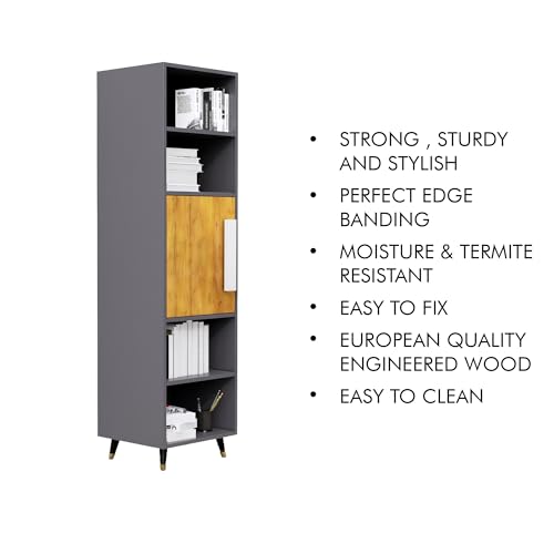Image of Bniture Bookshelf for Home | Engineered Wood Book Shelf with 1 Door & 4 Shelf | Open Book Shelf Stand for Library | Multipurpose Display Organizer for Living Room & Study | Slate Grey & Giant Wood