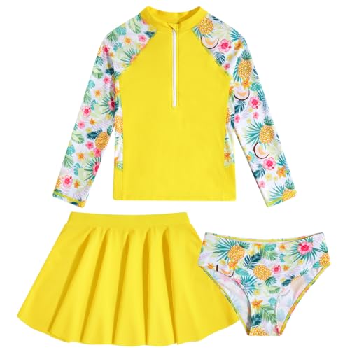 Image of Girls Rash Guard 3 Piece Swimsuit Set UPF 50+ Long Sleeve Swim Skirt Sets Size 6-12 Years