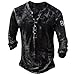 Mens Cotton Henley Shirt,Retro Style Washed Streetwear Long Sleeve Solid/Printed Casual T-Shirt Vintage Tee,Distressed Washed Shirt Urban Gothic Stylish T-Shirt for Men(C-Black,Large)