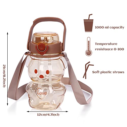 Kawaii Bear Straw Water Bottles Love Large Water Cups Strap For Kids Girls Gifts School Sports Daily Life Milk Tea Juice Travel Drinking Bottled Water Cute Portable Leakproof (Brown) #TOP1