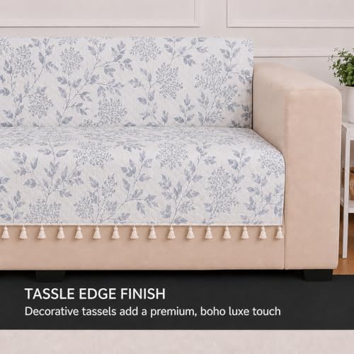 Image of STITCHNEST 'Frostvine Collection' 3 Seater Sofa Cover - Full Coverage| Cotton Quilted Fabric, Decorative Tassels, Washable & Durable for Modern Living